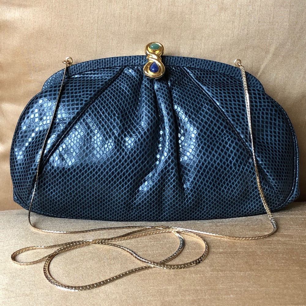 NEW Judith Leiber Blue Snakeskin Gold Purse